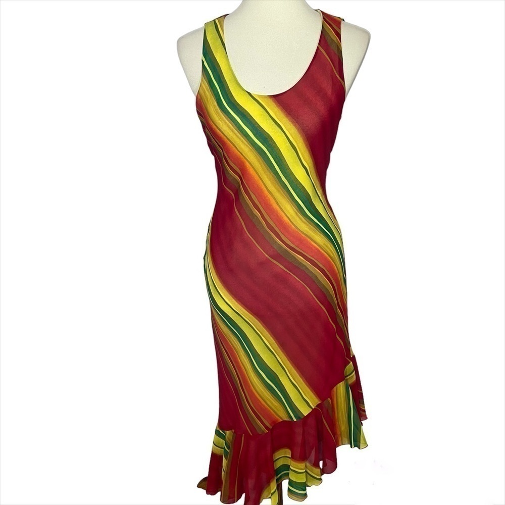 Vintage Y2K Resort Dress Phoebe Artsy Beach Neon Rainbow Stripes Vacay Jamaica - Picture 2 of 14